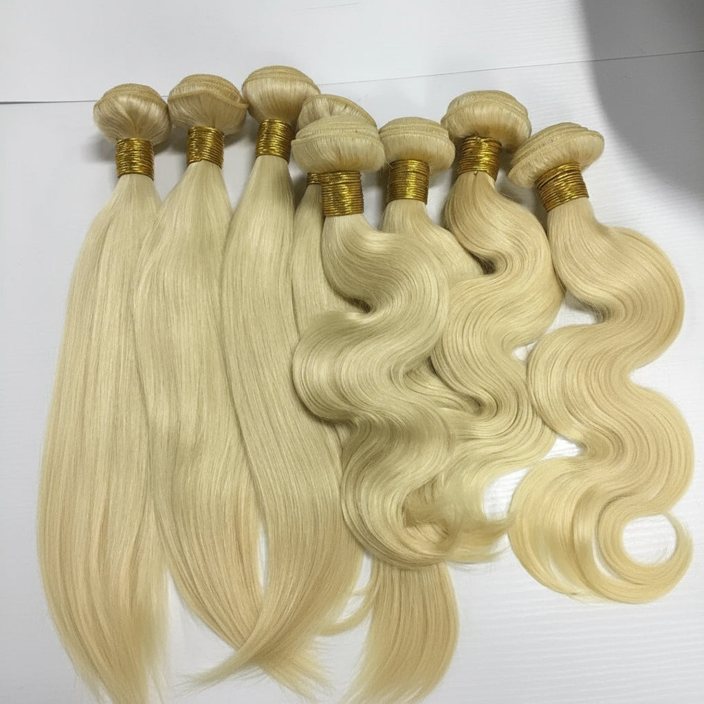 blonde hair extensions with gold ties on a white background, 