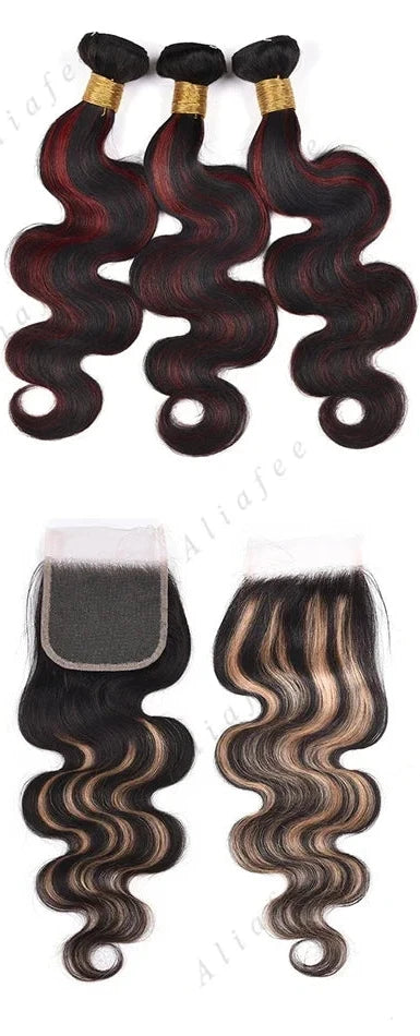 Highlights Red Blonde Colored Brazilian Hair Bundles With Closure