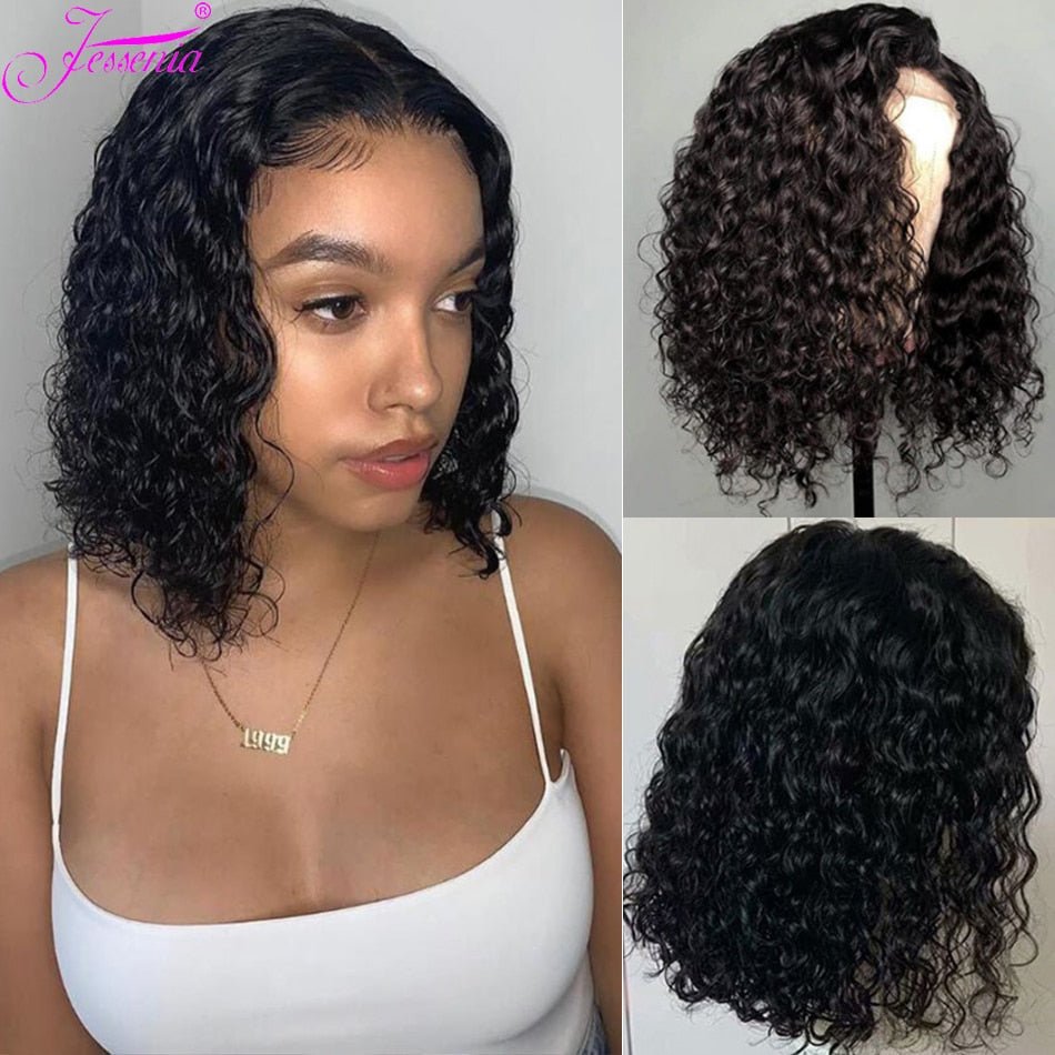 4X4 Water Wave Short Bob Wig 8-16Inches 180 Density Brazilian Pre Plucked Baby Jerry Curly