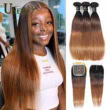 Load image into Gallery viewer, Brazilian Hair Weave Bundles With Closure Ombre Straight Human Hair 3 Bundles With 4x4X1 Lace Closure 1B/4/30 Remy Human Hair
