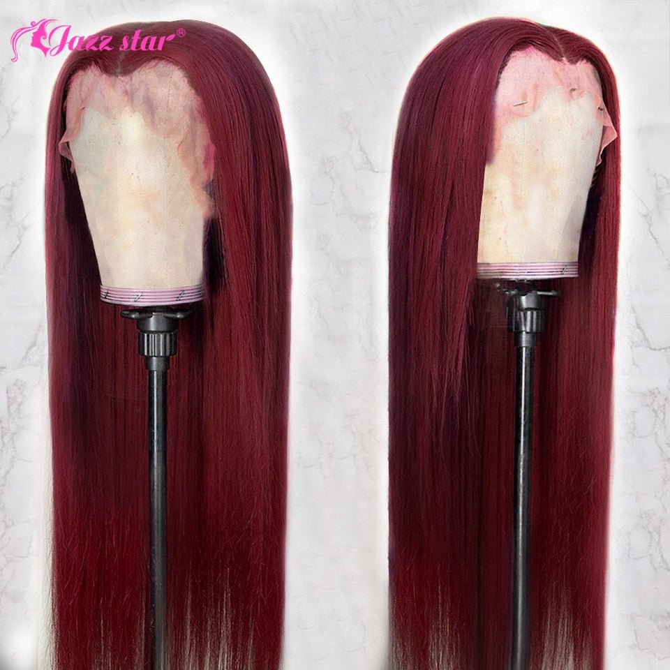 Burgundy 13x4 HD Transparent Lace Front Human Hair Wigs 99J Straight Lace Frontal Pre Plucked Non-Remy Jazz Star