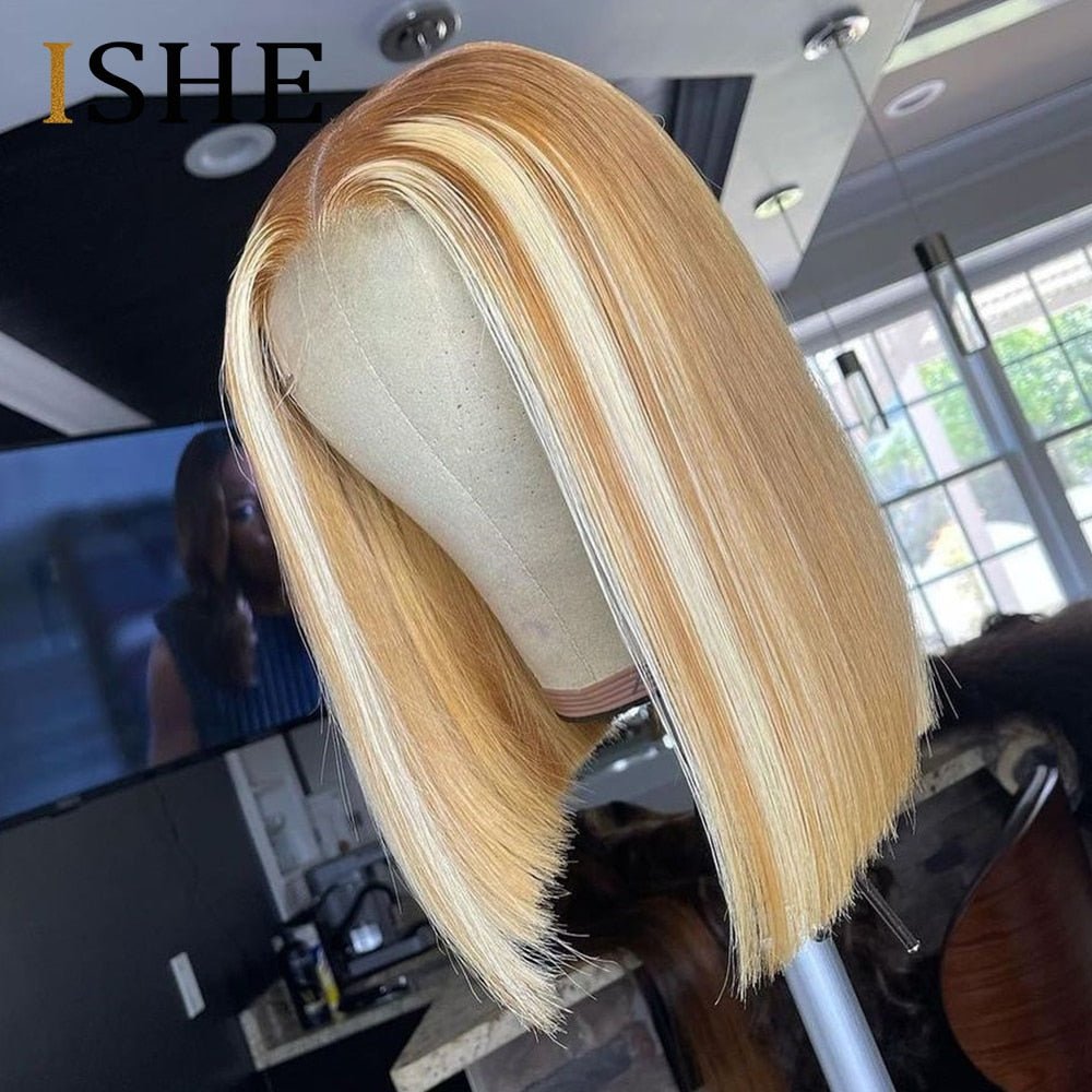 Highlight Honey Blonde Bob Wig Lace Front Human Hair Wigs  Colored 613 Lace Frontal Wig Straight Lace Front Wig ISHE