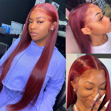 Load image into Gallery viewer, Burgundy Straight Lace Front HD Transparent Human Hair Wig Pre Plucked
