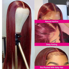 Load image into Gallery viewer, Burgundy Straight Lace Front HD Transparent Human Hair Wig Pre Plucked
