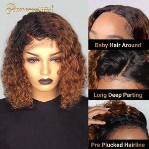 Ombre Curly Short Bob Wig Brazilian Curly Human Hair Wig Pre Plucked Lace Front