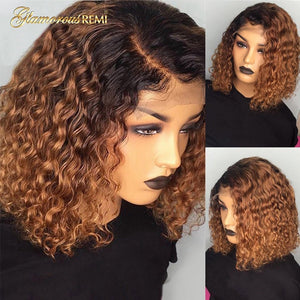 Ombre Curly Short Bob Wig Brazilian Curly Human Hair Wig Pre Plucked Lace Front